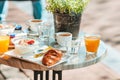 Fresh and delisious breakfast in outdoor cafe at european city Royalty Free Stock Photo