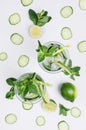 Fresh detox spring cocktail with mint, lime, ice, cucumber, straw on soft white wooden board as fun summer holiday background. Royalty Free Stock Photo