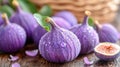 Fresh dew-covered purple figs on wooden table Royalty Free Stock Photo