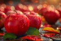 Fresh Dew covered Red Apples with Autumn Leaves on a Wooden Surface with Warm Ambient Lighting