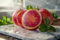 Fresh Dew Kissed Plums on a Marble Cutting Board in Sunlight Vibrant Fruit Photography