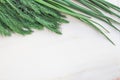 Fresh dill and onions with vegetable garden on a white table. Card with copy space for text. Top view. Flat lay Royalty Free Stock Photo