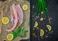 Fresh dogfish fillets with herbs and lemon on black background