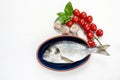 Fresh dorado fish in blue plate, vegetables on white table. Top view Royalty Free Stock Photo