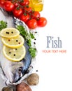 Fresh dorado fish, seafood and vegetables Royalty Free Stock Photo