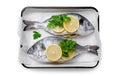 Fresh Dorado or Sea Bream with Lemon and Herbs, Fish in Baking Tray Ready To Be Cooked, Top View on White Background Royalty Free Stock Photo