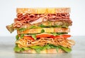 Fresh double layered sandwich with ham, lettuce, tomatoes, cheese on a toast bread. Food background Royalty Free Stock Photo