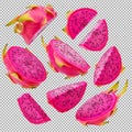 A Bunch of Fresh Dragon Fruit Slices Falling in the Midair Royalty Free Stock Photo
