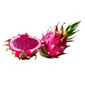 Fresh dragon fruit. Whole fruit and half ripe dragon fruit isolated. Healthy diet. Vegetarian food