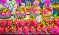 The fresh dragon fruits and fruit baskets in Tanin Market, Chaing Mai, Thailand