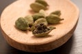 Fresh dried cardamom cardamon seeds spice on a wooden spoon