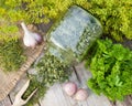 Fresh and dried chopped dill and parsley leaves on wooden rustic Royalty Free Stock Photo