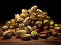 Fresh dried pistachios in a hard shell with green nuts on black background