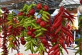 Fresh and dried red and green chili peppers hanging in the morning Market, Royalty Free Stock Photo