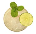 Fresh drink cocktail with mint and lime top view isolated on white background