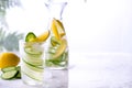 Fresh drink with cucumber, lemon and rosemary herb. Cold summer lemonade. On white background Royalty Free Stock Photo