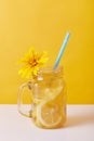 Fresh drink with lemon, glass decorated with yellow flower, summer lemonade with lemon slices and drinking straw, summer non Royalty Free Stock Photo