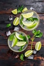 Fresh drink lemonade mojito. Mojitos with mint leaves, lime and ice. Black wooden background. Top view Royalty Free Stock Photo