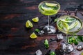 Fresh drink lemonade mojito. Mojitos with mint leaves, lime and ice. Black wooden background. Top view. Copy space Royalty Free Stock Photo