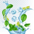 Fresh drink vector illustration. Realistic water, ice cubes, mint leaves and lime isolated on transparent background Royalty Free Stock Photo