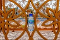 Fresh drinking water bottle in decorated golden aluminium frame