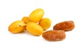 Fresh and dry date palm fruit on white background Royalty Free Stock Photo