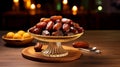 Juicy dates in a traditional bowl on wooden table