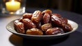 Juicy dates in a traditional bowl on wooden table