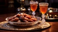 Juicy dates in a traditional bowl on wooden table