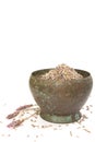 Fresh dry lavender in old metallic bowl, on white background.