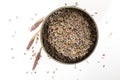 Fresh dry lavender in old metallic bowl, on white background.