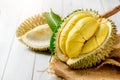 Fresh durian Kan yao or Durio zibthinus Murray on sack and old wood background