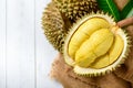 Fresh durian Kan yao or Durio zibthinus Murray on sack and old wood background