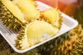 Fresh durian peeled on tray and ripe durian fruit on background for sale