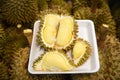 Fresh durian peeled on tray and ripe durian tropical fruit