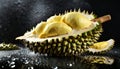 Fresh durian with water droplets on black background. Ripe tropical fruit Royalty Free Stock Photo