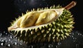 Fresh durian with water droplets on black background. Ripe tropical fruit Royalty Free Stock Photo