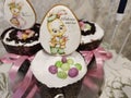 Fresh Easter cakes are displayed on the festive table