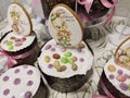 Fresh Easter cakes are displayed on the festive table