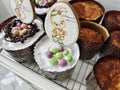 Fresh Easter cakes are displayed on the festive table