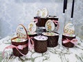 Fresh Easter cakes are displayed on the festive table