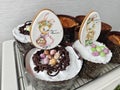 Fresh Easter cakes are displayed on the festive table