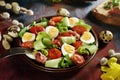 Fresh Easter salad with prosciutto ham quail eggs and vegetables Royalty Free Stock Photo