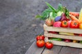 Fresh eco vegetables and fruit on wooden crate or box on rustic table in a garden Royalty Free Stock Photo