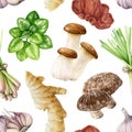 Fresh edible mushrooms, herbs seamless pattern. Watercolor illustration. Hand drawn tasty mushrooms, shiitake, wood ear