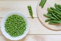 Fresh edible peeled green peas in white plate on wooden table and whole pods on kitchen desk Royalty Free Stock Photo