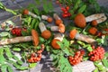 Fresh Edible wild Mushrooms orange-cap Boletus Leccinum aurantiacum and rowan on the Old Wooden Background Royalty Free Stock Photo