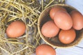 Fresh egg on basket and straw with wooden table background top view - Raw chicken eggs collect from the farm products natural eggs Royalty Free Stock Photo