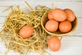 Fresh egg on basket and straw with wooden table background top view - Raw chicken eggs collect from the farm products natural eggs Royalty Free Stock Photo