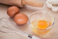 Fresh egg in bowl and metal whisk Royalty Free Stock Photo
